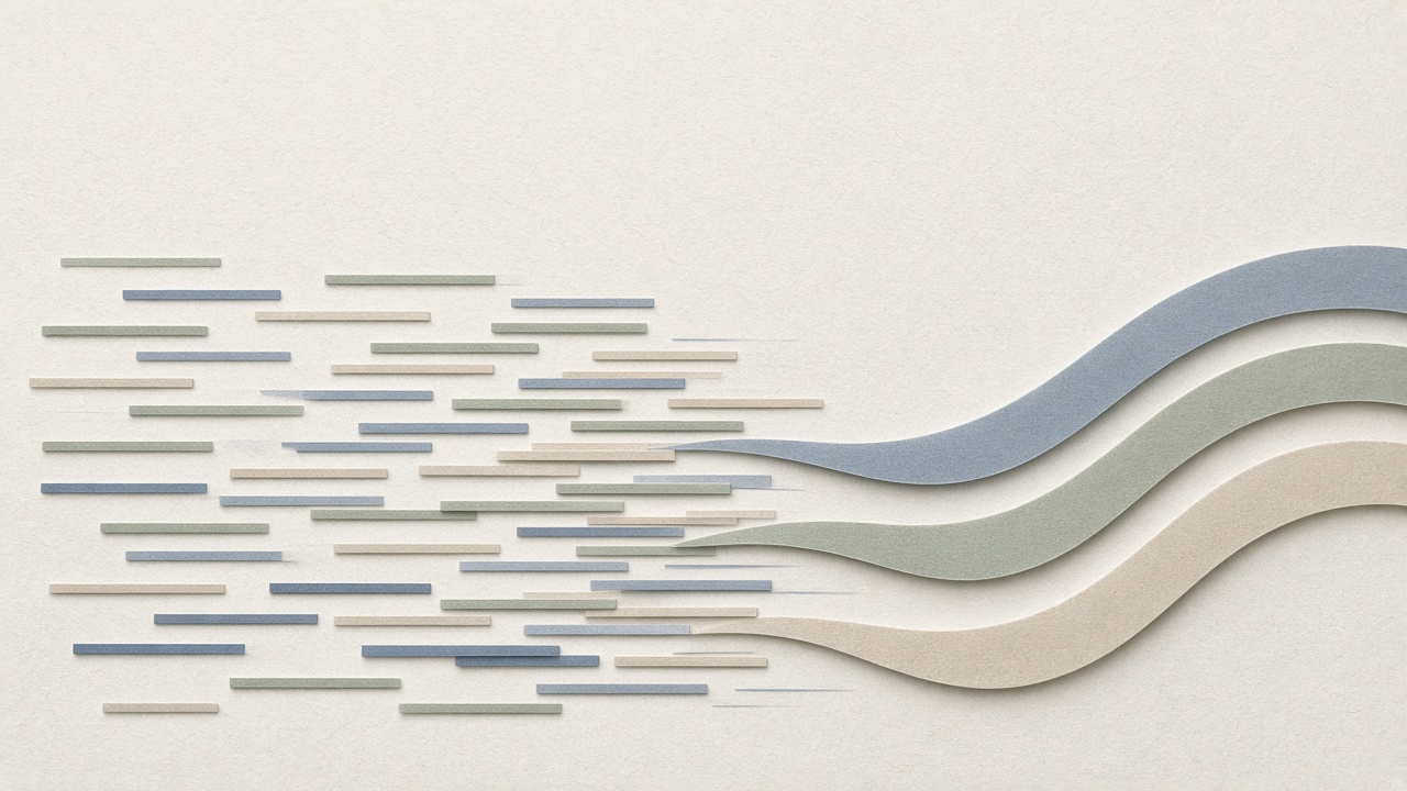 Abstract illustration of scattered horizontal strips in slate blue, sage green and stone beige gathering into three smooth flowing streams, showing scattered business information becoming organised