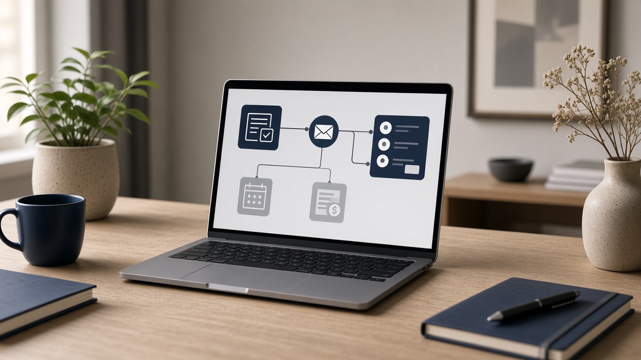 Laptop displaying a diagram connecting website forms with email, calendar and business systems.