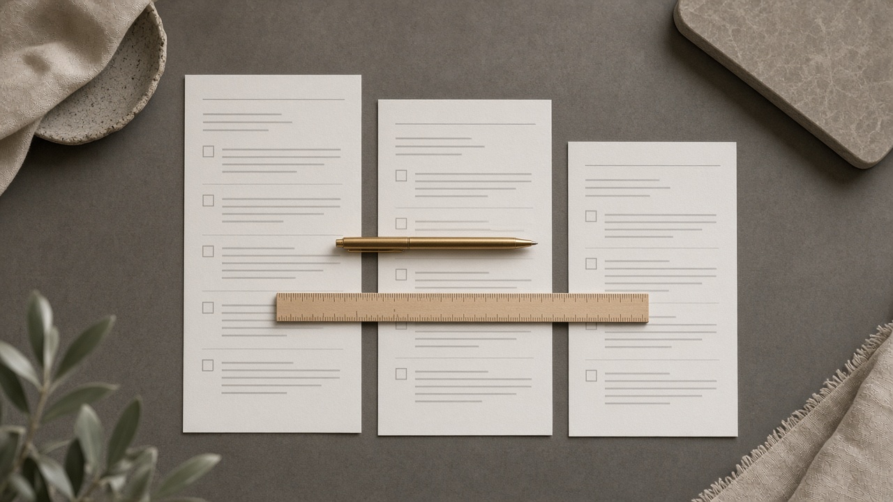 Three printed checklist documents of different lengths laid side by side on a grey desk, with a brass pen and wooden ruler across them for comparison
